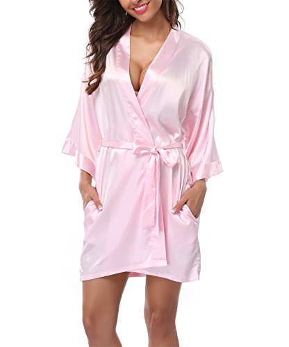 VEW Store Women's Short Satin Kimono Wedding Robe for Bride and Bridesmaid