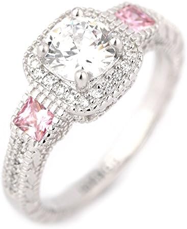 Round Cut Clear Stone 18K White Gold IP Plated Stainless Steel Pink Accent Engagement Wedding Band Ring
