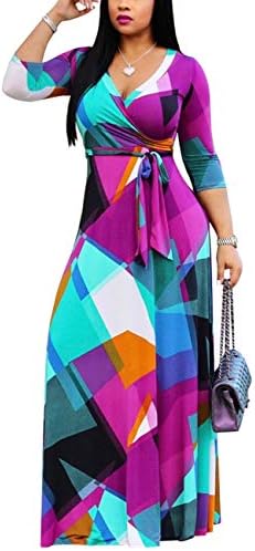 Women's Floral Print Wrap V Neck 3/4 Sleeve Maxi Long Swing Dress with Belt