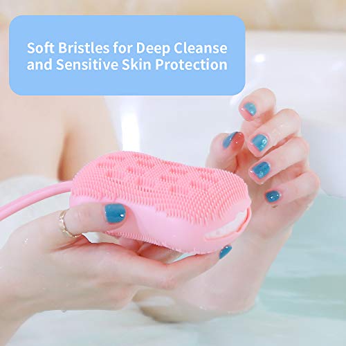 Hatsutec Silicone Shower Body Scrubber Bath Brush with Natural Sponge, Double-Sided for Dry and Wet Brushing, Gentle Exfoliation and Deep Cleanse for Smooth Soft Skin, Lathers Well (Pink)