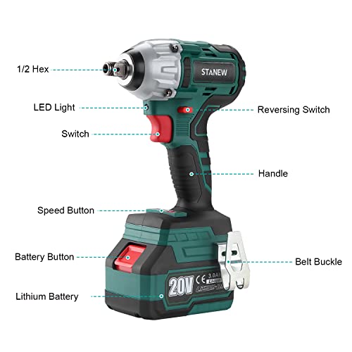 STANEW 320Nm Brushless Cordless Impact Wrench 20 V, Electric Impact Nutrunner with Two 3.0Ah Batteries, Adjustable Torque, Box with 49 Pieces Accessories
