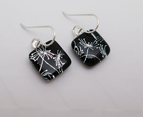 Petite fireworks sparklers silver black fused dichroic glass dangle earrings .925 Sterling ear wires - Thumbnail 4