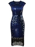 Vijiv 1920s Vintage Inspired Sequin Embellished Fringe Long Gatsby Flapper Dress,Large,Blue