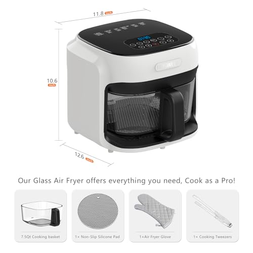 BOSWELL Glass Air Fryer, 7.5QT with Transparent Fry Bowl, Circulating Heating, Temperature Control, Air Fryer Roast, Dishwasher Safe (white)