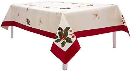 Holiday Holly Berries Embroidered Rectangular 70 x 86 in. Tablecloth with Red Trim Border