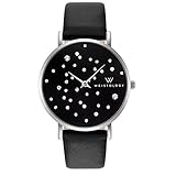 WRISTOLOGY Stella Midnight Womens Silver Boyfriend Watch Black Face Crystal Leather Strap Band