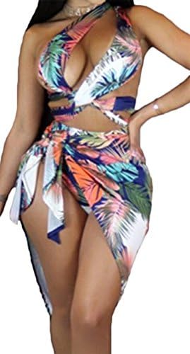 Women’s Print 3 Pieces Halter Adjustable Swimsuits + Beach Cover up (S, White)