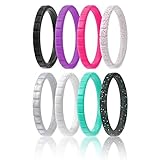 ROQ Silicone Wedding Ring for Women, Set of 8 Thin Stackable Silicone Rubber Wedding Bands Lines- Turquoise, Pink, Purple, Black, White, Silver, Black/Turquoise Glitter, White/Pink Glitter - Size 6