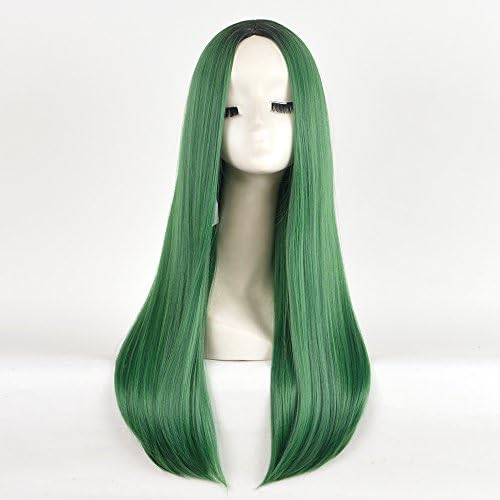 SiYi Long Ombre Green Straight Wig Dark Root Synthetic Heat Resistant Cosplay Wig for Women