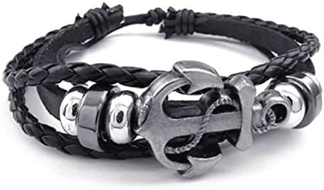 City Pierce Bracelets Black Leather Anchor Wrap Bangle Cuff Rope Cord Nautical Snap Closure