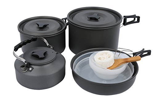 Portable Camping Cookware Set 13-Pieces Outdoor Non-Stick Cooking Pot Pan Tea Kettle Set Camping Cookware Mess Kit for Camping Backpacking Hiking Picnic 4-5 Person RT-205