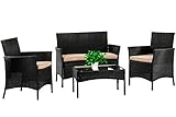 Patio Furniture Set 4 Piece Outdoor Wicker Sofas Rattan Chair Wicker Conversation Set Coffee Table Bistro Sets for Pool Backyard Lawn (Black)