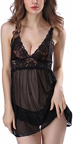 Roceniu Women Lace Mesh Transparent Sexy Babydoll Lingerie Set Sleepwear for Sex Flirt