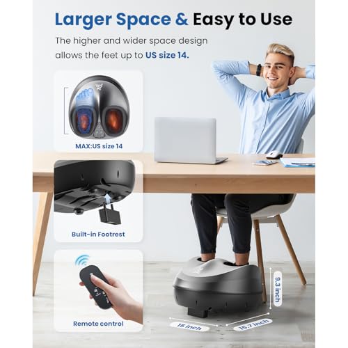 BOB AND BRAD Shiatsu Foot Massager with Heat and Remote, Deep Kneading Massage for Standing Worker, Fits up to Size US 14, 3 Heating Levels, 3 Adjustable Modes & Compression for Mom Dad Senior
