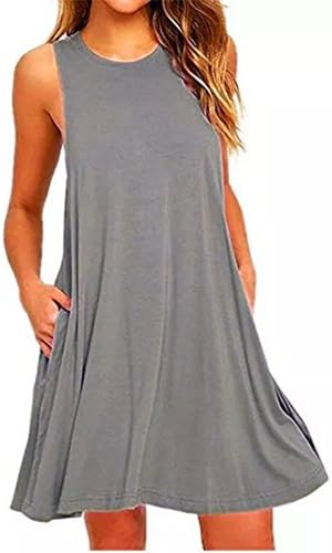 NRTSS Women's Sleeveless Pockets Casual Loose Swing Flare T-Shirt Dress Grey M