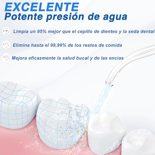 Irrigador Bucal, Limpieza Dental Portatil,6 Modos de Limpieza y 4 Puntas,Resistente al Agua IPX7,250ml Irrigador Oral Inalámbrico Portátil,Hilo Dental de Agua sin Cable para el Hogar, Viajes, Ducha