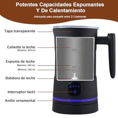 Espumador de Leche Electrico 4 En 1, 430ml Calentador Eléctrico Acero Inoxidable para Leche Caliente con Batidor Vaporizador Automática para Espuma Fría y Caliente Café Latte Capuchino Chocolate, 400W