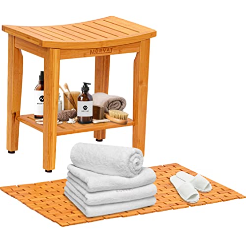 Morvat Bamboo Shower Bench & Mat, Water Resistant & Quick Drying Chair