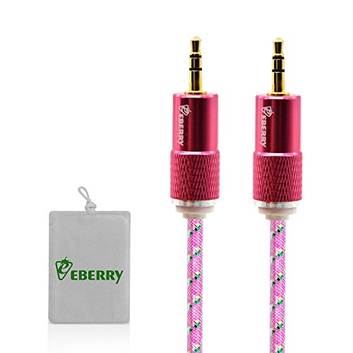 eBerryÂ® [A02 3.5mm Male to Male Audio Cable] Special Colorful Plastic Housing Nylon Fiber Cloth Foil Shielded Big Head Diamond Patterned Connector Shell Audio Aux Cable Car and Home Auxiliary Stereo Jack Cable Cord (5ft/1.5m) + Grey Microfiber Storage Pouch Carrying Bag for Apple iPad, iPhone, iPod, Samsung Galaxy, Android Phone, Tablet , MP3 Players (Pink)