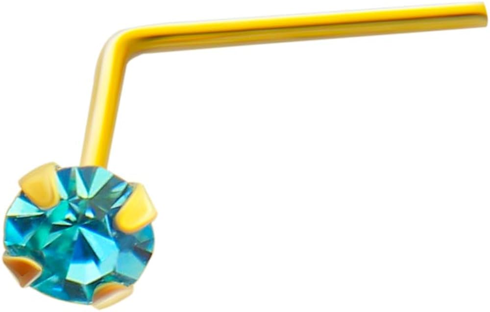 9K Yellow Gold Nose Stud Claw Set 2.5MM Aquamarine Round Crystal Stone 22 Gauge L Bend Nose Stud Piercing Jewellery
