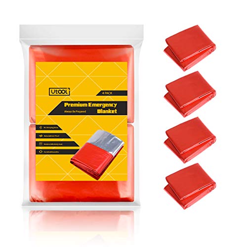 UTOOL PE Emergency Blanket 4 Pack, Thermal Reflective Survival Outdoor Emergency Blanket with Water Proof, Light Weighted, 90% Heat Retention Features, More Durable & No Noise Like Mylar