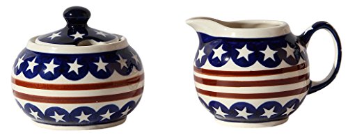 Polish Pottery Sugar Bowl and Creamer From Zaklady Ceramiczne Boleslawiec #694/711-81 Classic Pattern, Sugar Bowl: Height: 3.7" Creamer: Height: 3.4"