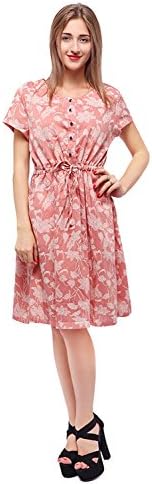 Women Loose Floral Print Dress with Drawstring Casual Front Button Flowy Dress (XL, Light Pink)