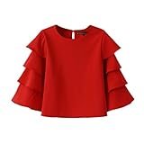 Memorose Women Elegant O-Neck Solid Ruffle Flare Sleeve Short Top Shirt Blouse