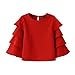 Memorose Women Elegant O-Neck Solid Ruffle Flare Sleeve Short Top Shirt Blouse Red L