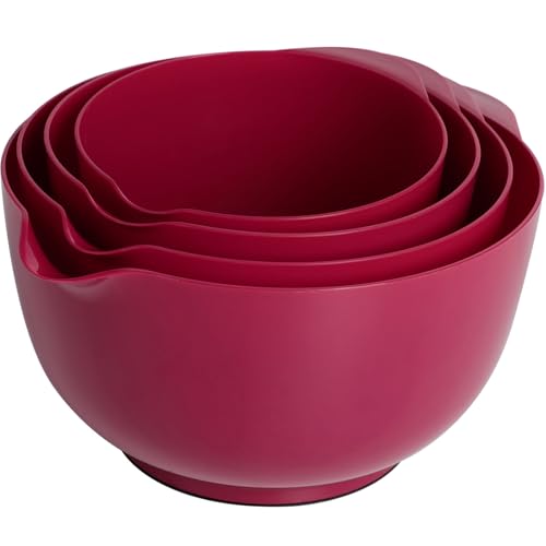 BoxedHome Deep Carmine Nesting Plastic Mixing Bowl Set with Pour Spout, Microwave and Dishwasher Safe, BPA Free Non-Slip Base, Set of 4 Size 1.7, 2.5, 3.5 and 4.5qt, Great for Prepping, Baking