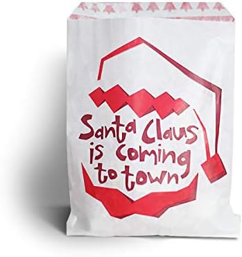 100 X Santa Claus Is Coming Design White Kraft Paper Bag 7'' X 9''