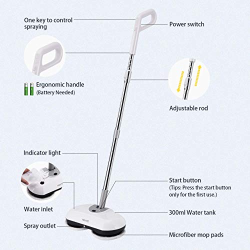 Homitt Electric Mop Floor Spin Scrubber, Cordless Power Spray Floor Mop with Adjustable Handle and 4 Replaceable Microfiber Mop Pads for Cleaning Hardwood Floor and Tile