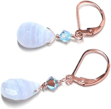 Blue Lace Agate Briolette Lever Back Earrings Swarovski Crystal Rose Gold-Filled