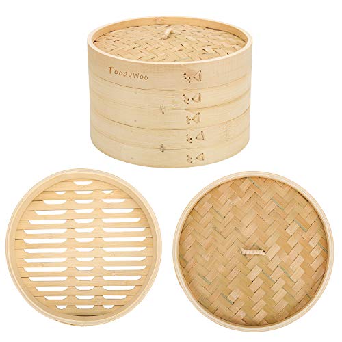 FoodyWoo Bamboo Steamer 10 Inch, 2 Tier Ring Basket for Pot w/ 2