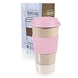 16oz 100% Organic Eco Friendly Reusable Travel Mug, To Go Takeaway Coffee Cup PINK, Biodegradable Material FDA Approved BPA Free, Leak Proof Silicone Lid & Heat Resistant Grip.Free Recipe ebook