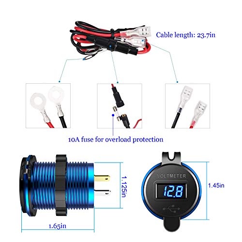 YONHAN Quick Charge 3.0 Dual USB Charger Socket, Waterproof Power Outlet Fast Charge with LED Voltmeter & Wire Fuse DIY Kit for 12V/24V Car Boat Marine ATV Bus Truck and More - Deep Blue