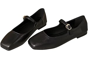 Stunner Mary Jane Square Toe Black Ballet Flats for Women Comfortable Ankle Strap Casual Slip On Flats