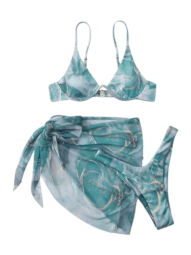 SHENHE Women's 3 Piece Swimsuits Underwire High Cut Cheeky Bikini Set with Sarong Cover Up Cadet Blue Medium at Amazon
