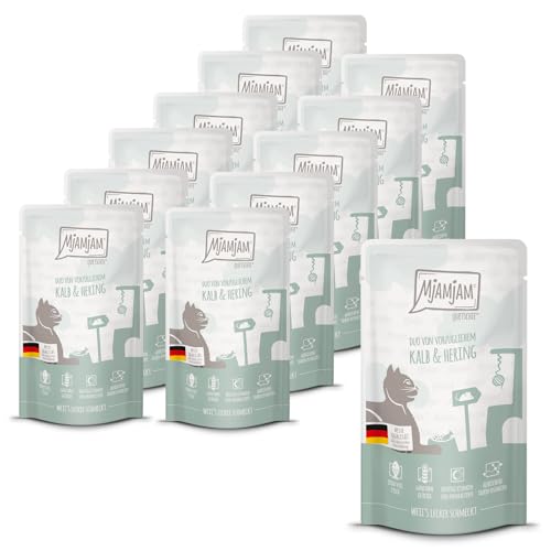 MjAMjAM - Premium wet food for cats - Quetschie - DUO of delicious veal & herring, 12 pack (12x125g), grain-free