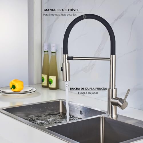Torneira Gourmet de Cozinha Flexível Misturador Monocomando Inox Escovado
