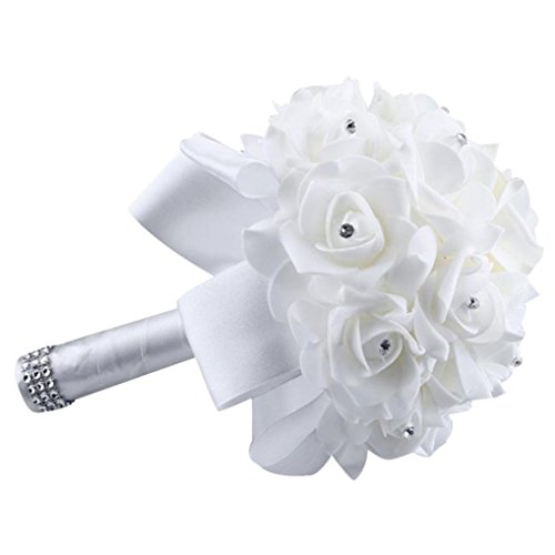 Gotd 1 Bouquet Crystal Roses Pearl Bridesmaid Wedding Bouquet Bridal Artificial Silk Flowers (White)