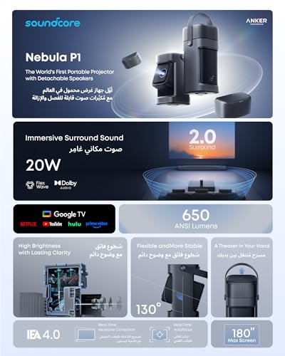 soundcore Nebula P1 Portable Projector with Detachable Speakers,650 ANSI Lumens,1080P Full HD,20W Truly 2.0 Surround Sound,130° Built-in Gimbal,Auto Adjustment,180" Big Screen (Nebula P1)