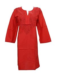 Mogul Women's Red Tunic Cotton Designer Dress Caftan Floral Embroidered Kurta 2XL