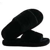 House Slippers for Women - Fuzzy Slippers with Plush Faux Fur Lining, Memory Foam Cushioned Insole, Open-Toe Design, Slip-Resistant Sole, Washable, Pull-On Closure, Faux Fur Upper, Flat Heel