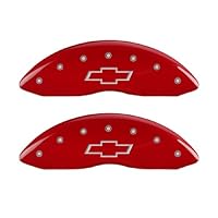 MGP Caliper Covers 14234SBOWRD, Caliper Cover Compatible With Chevrolet Vehicles, Bowtie Engraved Front and Rear Brake Cover with Red Powder Coat Finish and Silver Characters, 4 Pack