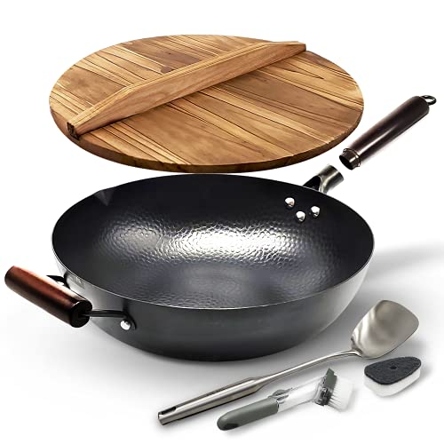 HOME EC Carbon Steel Wok Pan With Lid, Stir Fry Wok Set, Steel Spatula