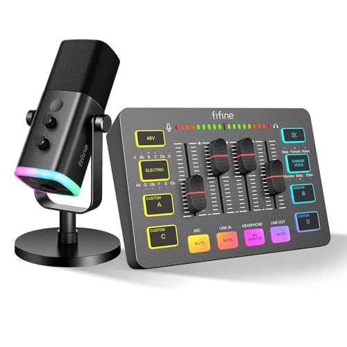 FIFINE XLR Streaming Mikrofon und Gaming Audio Mixer, USB Dynamisch Microphone Gaming PC für Podcast Studio, Streaming RGB PC Mixer mit XLR Mikrofon I