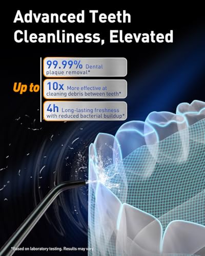 MySmile LP221 UVC Sterilizable Cordless Water Flossers for Teeth 335ML Portable OLED Display Dental Flosser with 4 Modes 8 Jet Tips and a Storage Pouch for Home and Travel (Midnight Black)