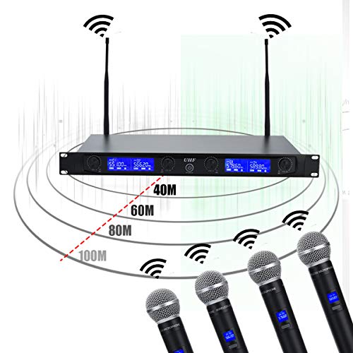 GEARDON Wireless Microphone System 4 Handheld Professional Fixed Frequency Channel Cordless Mics Set UHF Microphones With Rechargeable Receiver for Karaoke,Parties,Church,Speaker