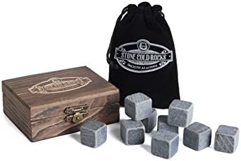 Stone Cold Rocks Premium Whiskey Stones Chilling Rocks Pure Natural Soapstone Cooling Without Diluting Reusable Set Of 9 W/ Exclusive Hand Made Wooden Box and Elegant Velvet Pouch Includes Special EBook Bonus